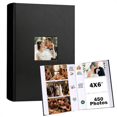 Ruibytree Photo Album 4x6 450 Photos with Writing Space, PU Leather Cover with Front Window Picture Album, 4 x 6 Photo Book for Wedding Kids Travel Family Baby Vacation Couple, Black
