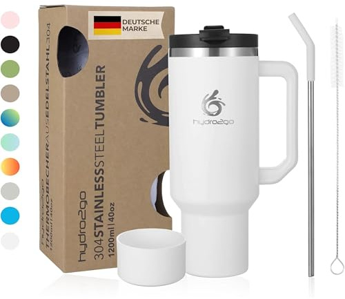 Hydro2Go® Gobelet isotherme 1200 ml / 40 oz, mug café à emporter, gobelet isolé avec poignée et paille, mug de voyage et pour voiture, tumbler pour boissons chaudes et froides (Glacier, 1200 ml)