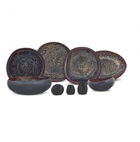 Karaca 55-Piece Stoneware Crockery Set for 12 People, Multicoloured Plate Set, Dishwasher Tableware Set, Earth Collection with Galactic Reactive Glaze, Black