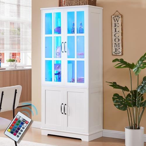 LUXOAK Vitrinenschrank mit LED Beleuchtung & Retro-Griffen, Hochschrank weiß 180 cm hoch, 4 Türen mit Acrylfenstern & 5 Einlegeböden, moderner Schrank für Wohnzimmer & Küche