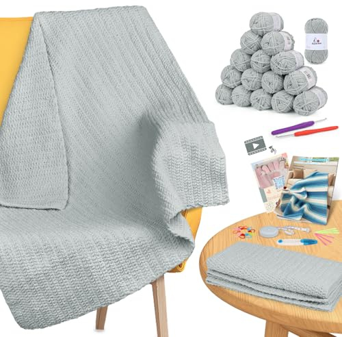 Aeelike Chenille Wolle Decke Häkelset für Anfänger, Einfaches Häkeln Set mit Häkelnadeln, Weichem Chenillegarn, Detaillierter Anleitung und Häkelzubehör, Komplettes Anfänger-Häkel-Set, Grün-grau
