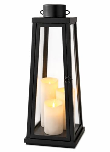 LED Laterne 60 cm Schwarz Metall Riesenlaterne mit Timer Windlicht XL Deko | BURI, 3 warmweiße LEDs, Türöffnung, Kerzenhalter, Innenbereich, Wohnraumdeko, Vintage, stimmungsvolle Beleuchtung