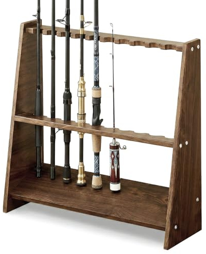 YUZINO Angelrutenhalter, Rutenständer, Holz-Rutenhalter für 10 Angelruten, Angelausrüstung oder Billardqueues, Aufbewahrungsregal für Männer, Väter, Angler, 60 x 57 x 18.5 cm