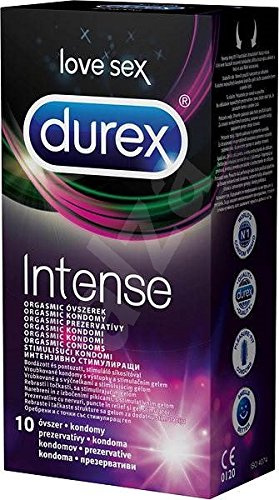 Durex Intense Orgasmic Kondome, gerippt und genoppt mit stimulierendem Gel, 10 Stück