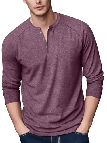 Zengjo Men's Long Sleeve Henley T-Shirt(Heather Plum,M)