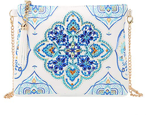 VETPW 5D gör-det-själv mandala diamantkonst målning crossbody handväska med kedja och tofs, diamantkonst läder myntväska plånbok strassmålning makeup axelväska för fest semester, BLÅ, 1