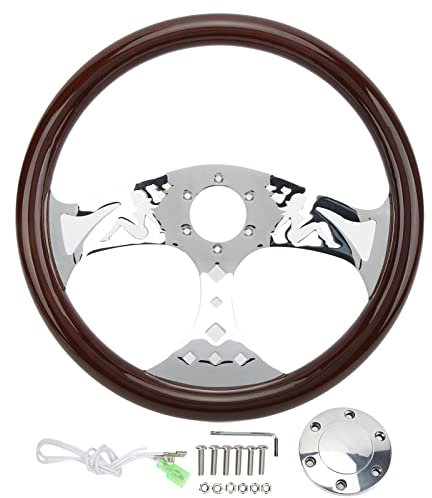 Holzlenkrad 380mm/15in Massivholz Edelstahl Halterung Oldtimer Retro Universallenkrad 3 Speichen 6 Loch für Classic Nostalgia Style Universal Modified