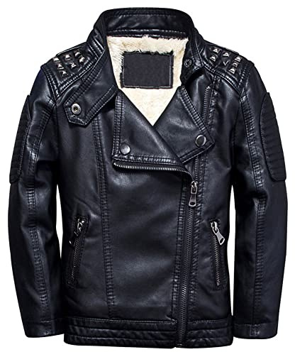 LCIGIA Jungen Lederjacke Kinder PU Jacke mit Nietenverzierung Motorrad Bikerjacke Stehkragen Lederjacken Frühling Herbst, Schwarz (gefüttert), 152-158