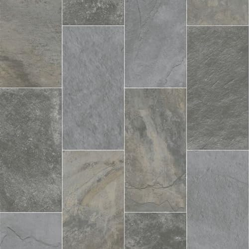 Grey Anti-Slip Stone Effect Vinyl Flooring forLivingRoom, Hallways, Kitchen, 2.3mm Vinyl Sheet-2m(6'6) X 2m(6'6)-4m²