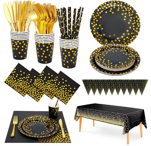 186 Stück Schwarzes-gold Partygeschirr,Partyzubehör Pappteller Set,Wiederverwendbar ​Papier Geschirr Set einschließlich Tischdecke Teller Becher Servietten zum Geburtstag,Hochzeiten,Jubiläums 25 Gäste