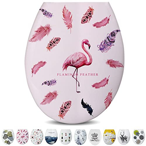OLSKFUH Wc-Sitz Toilettensitz Weiß, Einfache Befestigung Von Oben, Ovale Form, Toilettendeckel, Toilettensitz, Stabiler Duroplast,Flamingo-OneSize