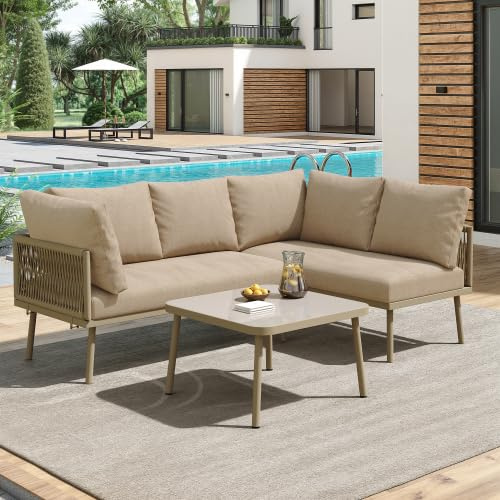 Huayz Gartenmöbel Set, Balkonmöbel Gartenlounge Set für 3-4 Personen, Tisch & Kissen, L-förmiges Terrassenmöbel, Ecksofa-Set aus Eisen, Lounge Sitzgruppe, Outdoor, für Terrasse, Balkon, Garten