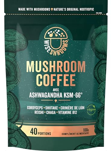 Svamp Kosttillskott Kaffe med Lions Mane och Ashwagandha KSM-66 | 100g - 40 Portioner | Mushroom Coffee Pulver Vegan med Reishi, Lejonman, Cordyceps, Shiitake, Chaga och Vitamin B12 | av Wiseshrooms