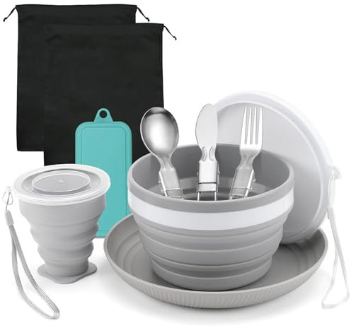 Set di stoviglie da campeggio, pieghevoli, da campeggio, pieghevole, con posate in acciaio inox, coltello, forchetta, per viaggi, picnic (6 pezzi)
