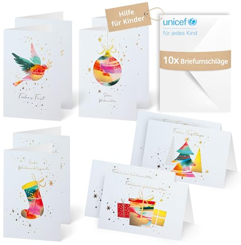 Unicef Weihnachtskarten Set Farbenfrohe Weihnachtsmotive | 10 Klappkarten mit Umschlägen | Grußkarten zu Weihnachten | pro verkauftem Set wird Kindern geholfen