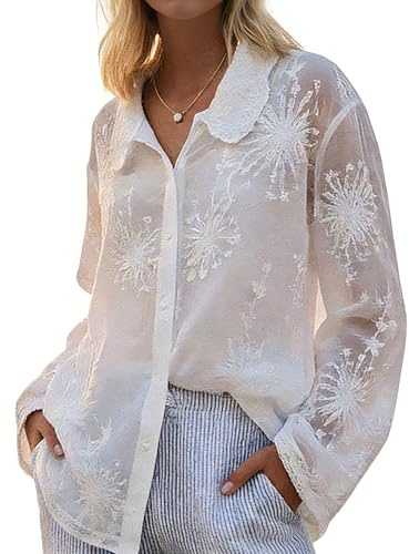Women's Lace Embroidered Blouse - Elegant Long Sleeve Button-Down Shirt with Scalloped Edges (Collared/Hooded Style) (US, Alpha, Large, 303XL-White)
