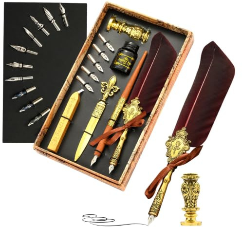 Vintage Quill Pen Set | Vintage kalligrafi fjäderpenna för att skriva | Uppgraderat vaxtätningsstämpelsats med ersättningsspetsar, Pen Luxury Signatur Present Set