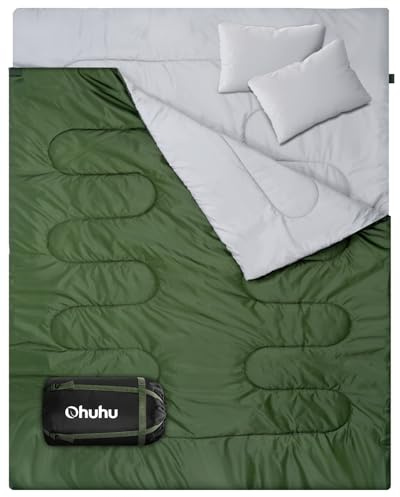 Ohuhu Sacco a Pelo Matrimoniale 220×150 cm, Sacco a Pelo Doppio 3 Stagioni per Campeggio, con 2 Cuscini, Leggero e Portatile con Custodia, Temperatura 7–20 °C, 2,75 kg