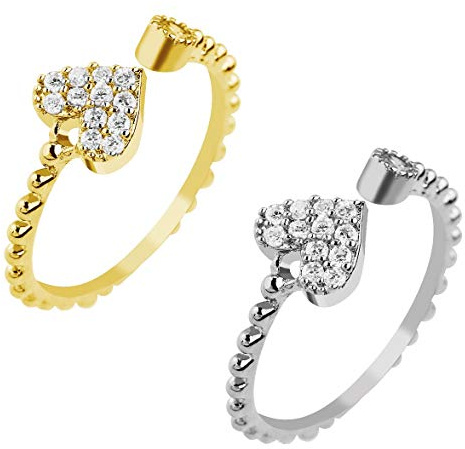 Paula & Fritz® Verstellbarer Damenring Zehen-Ring Motiv Herz Strass Clear Verlobungs-Ring Freundschaftsring Herrenring Partnerring Edelstahl Chirurgenstahl 316L R-A036_Set