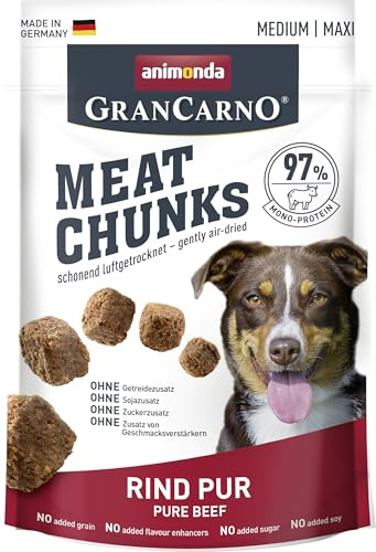 animonda GranCarno Meat Chunks Hunde Leckerli Rind pur (80g) | getreidefreie Hundeleckerlis für ausgewachsene Hunde, leckere Hunde Leckerlis mit viel Fleisch, Hundeleckerlies zum Belohnen