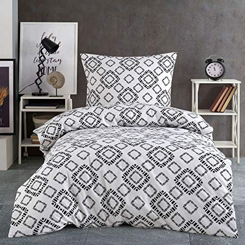 Style Heim Biber Bettwäsche 135x200 cm Flauschige Winterbettwäsche 2 Teilig 100% Baumwolle mit Reißverschluss Bettwäsche-Set Kissenbezug 80x80cm, Geometrisches Muster Geo, Schwarz Weiß