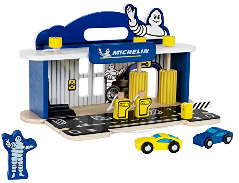 Theo Klein 3403 MICHELIN Service Station with 2 Cars , Wood I Incl Lifting Platform and Fuel Pumps I Compatible with Wooden Tracks I Toy for Children from 3 Years