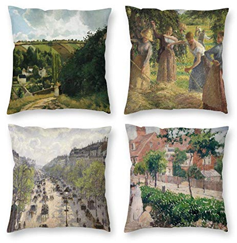 HOSTECCO – Lot de 4 housses de coussin décoratives carrées motif peintures impressionnistes de Camille Pissarro pour canapé - 45 x 45 cm