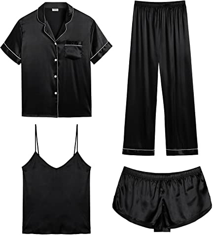 SWOMOG Pyjama Set for Women 4pc Silk Satin Pyjamas Black Sleepwear Set Bridesmaid Pj Set Soft Loungewear Pjs