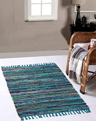 Second Nature Online Green Multi Colour Festival Rag Rug Small Hand Made Reversible Mat GoodWeave Certified 60 cm x 90 cm