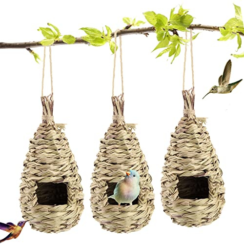 3 Piezas Nido de Pájaros,Casa de Colibríes Teta para Colgar en el Exterior,Cajas Nido para Pájaros Tejidas a Mano,Paja Sacos de Dormir para Pájaros Colgante,para la Decoración del Jardín,24x10,5 cm