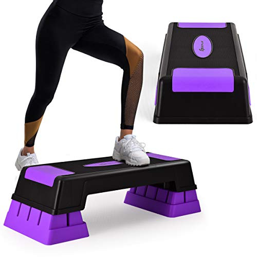 COSTWAY Stepper para aeróbica con peldaños, step fitness con altura regulable 12 cm 17 cm 22 cm y almohadillas antideslizantes, step con plataforma 75,5 casa/gimnasio, fácil de transportar (violeta)