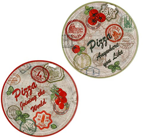 MamboCat Lot de 2 assiettes à pizza Moscou & Rome I Vert & rouge I Ø 31,5 cm – Grand I 2 personnes I Assiette avec 2 motifs différents I Décorée I Pour pizza ou pour présenter I Porcelaine