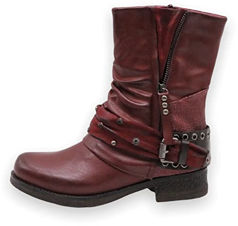 Stivaletti da donna con borchie – Stivali con borchie scarpe tacco a blocco – comodi autunno inverno donna scarpe fibbie – ST04, rosso vivo, 40 EU