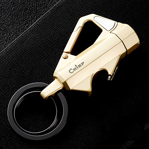 Foern Briquet Porte-clés 3 en 1, Ouvre-Bouteille et Briquet Au Kérosène sans Flamme Rechargeable Coupe-Vent, Porte-clés de Voiture (kérosène Non Inclus),Gold
