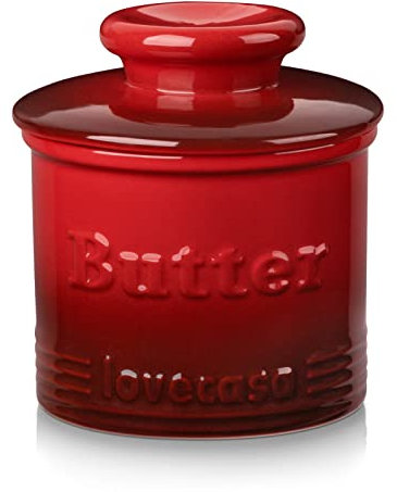 LOVECASA Burriera in Ceramica Portaburro con Coperchio e Maniglia Portaburro da Frigo Burriera per Burro Francese Fresco e Morbido, Dentro con Linea d’Acqua, Adatta per Lavastoviglie, 177ml Rosso