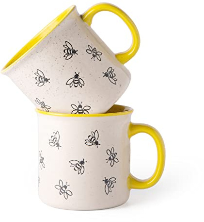 AmorArc 22 OZ Large Ceramic Coffee Mugs, Oversized Soup Cups With Big Handle for Men Women Dad Mom, Big Mug With Textured Bees Patterns for Office & Home -Microwave Safe, 2 Pcs
