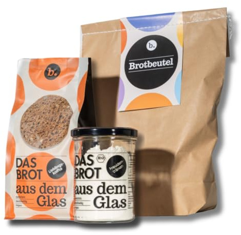 Brotbeutel - DAS BROT AUS DEM GLAS, Brotbackmischung & Form – ideal als Einzugsgeschenk, als Geburtstagsgeschenk, oder als Gastgeschenk, 1 Glas Lieblingsknifte & Dinkel-Roggen-Kruste