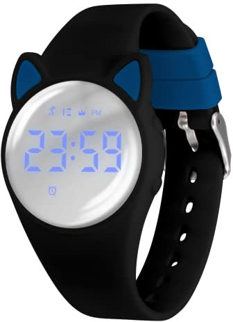 BEN NEVIS Digitale Fitnessuhr mit Schrittzähler, Vibration, Alarm, Entfernung, Stoppuhr und Übung, wasserdicht, wiederaufladbar, aus Silikon, für Jugendliche und Kinder, 47-dj-schwarz-blau-y, Armband