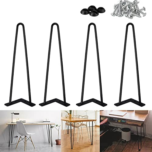 10 Inch Metal and Industrial Hairpin Legs 25cm Black DIY Hairpin Table Legs Sturdy 2 Rod Modern Furniture Legs Heavy Duty 10mm Steel Hairpin Legs with Screws and Floor Protector Feet, Set of 4