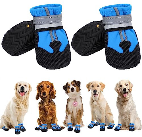 QKURT 4 Stück Hundeschuhe, Hundestiefel Pfotenschutz, wasserdichte Hundeschuhe mit Reflektierenden Riemen, Verstellbare, Waschbare, Pfotenschützer für Kleine, Mittlere und Große Hundee