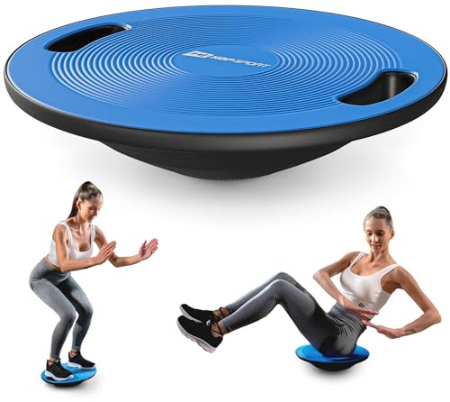 HOP-Sport® Planche d'équilibre avec poignées, Diamètre 40 cm, Capacité de Charge de 150 kg, Plateau d'équilibre oscillant antidérapant, Balance Board PP pour l’amélioration de la Coordination, Bleu