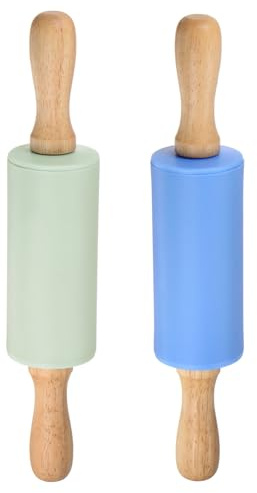 sourcing map Silicone Rolling Pins for Baking 9 Inch Wooden Handle Non Stick Rolling Pin Small Roller Playdough Rolling Pins for Dough Pizza Pastry Fondant Kitchen, Light Green & Blue