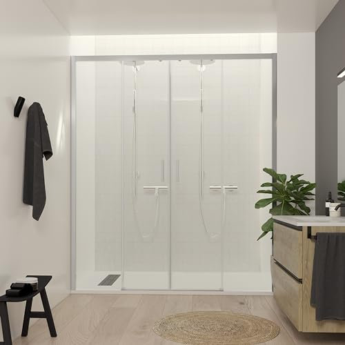 NEBADOON | Mamparas de Ducha - 2 Fijos + 2 Puertas Correderas - Mamparas de Ducha Corredera con Cristal Templado 6 mm Antical - Perfilería Plata Brillo - 181 a 183cm Ancho Adaptable 4cm x 195cm (Alto)