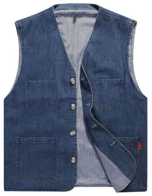LApooh Gilet en Jean pour Homme, Gilet Utilitaire Décontracté en Coton Denim Boutonné, Gilet D'Extérieur avec Poches, Veste sans Manches Vintage, Gilet en Jean De Cowboy, Vêtement D'Extérieur,