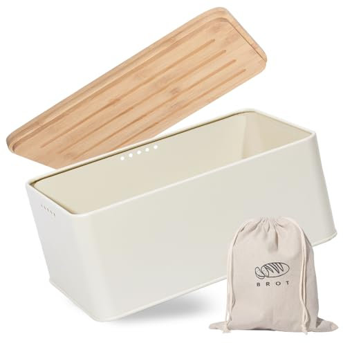 Theo&Cleo Brotkasten mit Schneidebrett , 33x21x15cm , Matte Brotbox mit Holzdeckel und Leinen Brotbeutel , Rundum Belüftung , Brotkorb für langanhaltende Frische (Beige)