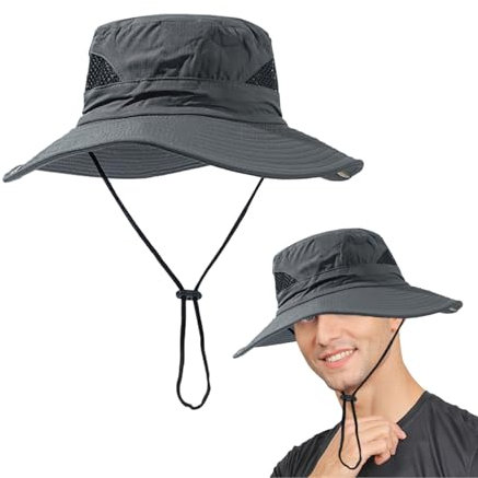 FUIPVGI Sonnenhut Herren Breite Krempe Sommerhut Herren, Faltbar Mesh Boonie-Hüte mit Kinnriemen, Fischerhut Safari Hut Gartenhut UV Schutz Sonnenschutz Hut Sommerhut Wanderhut (Dunkelgrau)