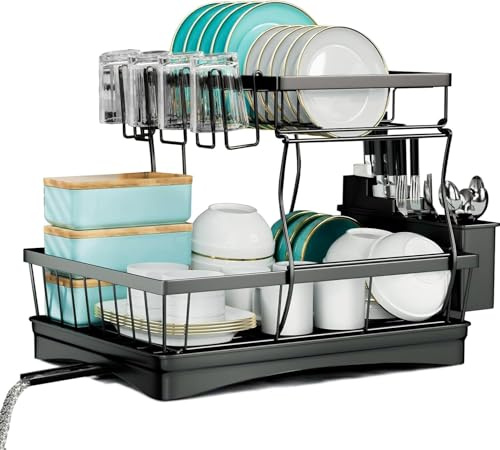 Tzmovqix Dish Drying Rack, 2 Tier Dish Racks for Kitchen Counter, Large Stainless Steel Kitchen Dish Drying Rack,Detachable Large Capacity Dish Drainer Organizer with Utensil Holder, Drain Board,Black