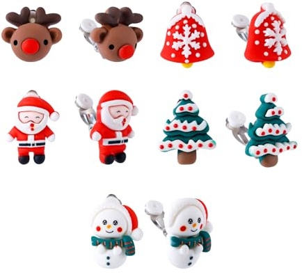 Lot de 5 Paires de Boucles d'Oreilles à Clip de Noël, 5 Styles Boucles d'Oreilles à Clip de Noël avec Père Noël Bonhomme de Neige Élan Sapin de Noël Cloche Cadeau de Vacances pour Femme