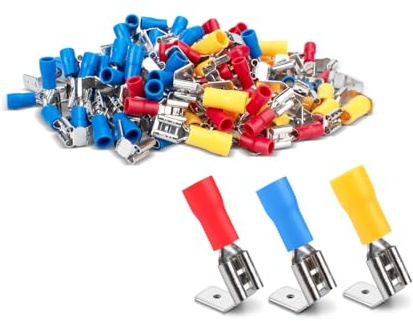 Innfeeltech 100 Stk. PVC-isolierte Messing-Crimp-Kabelschuhe, 50 Stk. blau, 30 Stk. rot, 20 Stk. gelb, für Kabel 0,5mm² bis 1mm², 1,5mm² bis 2,5mm², 4mm² bis 6mm²