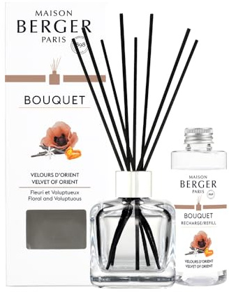MAISON BERGER Duftbouquet Samt aus dem Orient Glaçon Transparent, 100 ml | Komplettset: Flakon aus Klarglas, 6 schwarze Stäbchen und 100 ml Samt aus dem Orient, ohne Flamme und ohne Strom